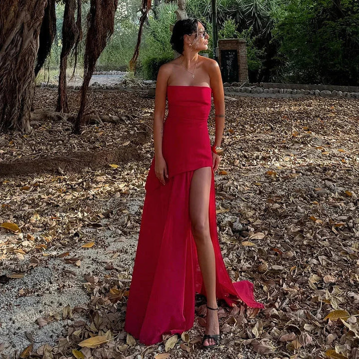 Abito lungo donna senza maniche con spacco e bustier