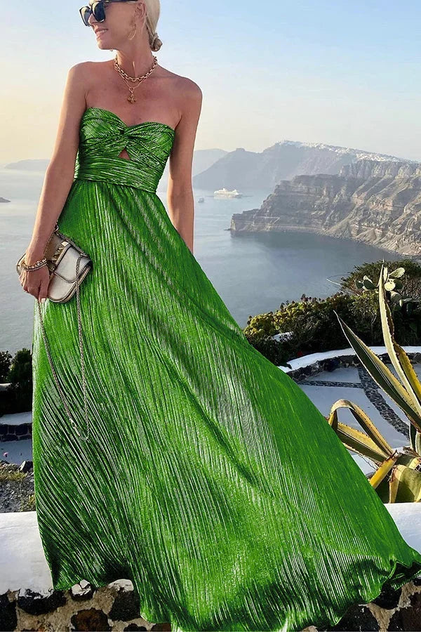 Robe Longue Bustier Femme à Effet Brillant et Style Plissé