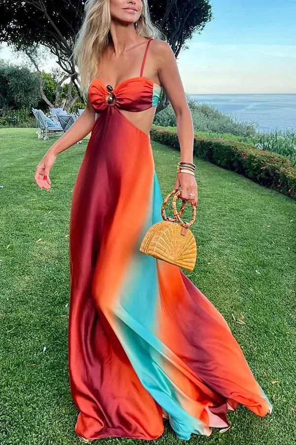 Robe Longue Femme Dégradée à Bretelles Fines avec Dos Ouvert Élégant