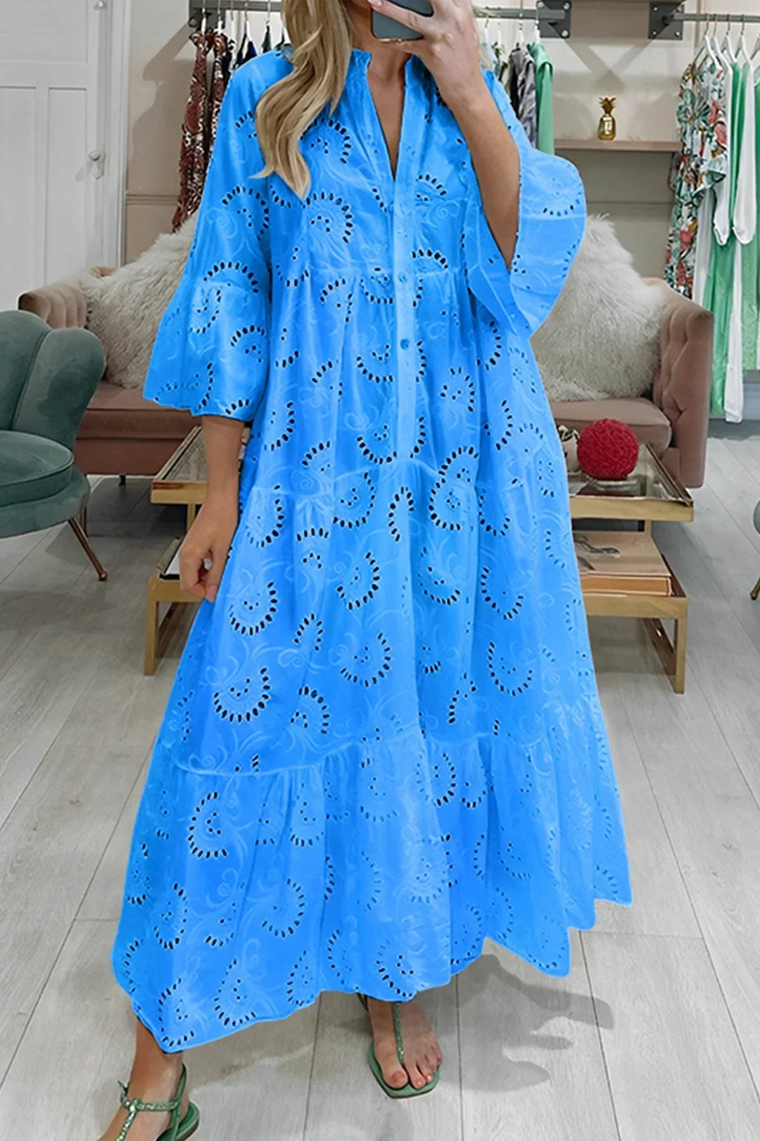 Robe Longue Femme Ajourée à Manches 3/4 Évasées et Décolleté en V