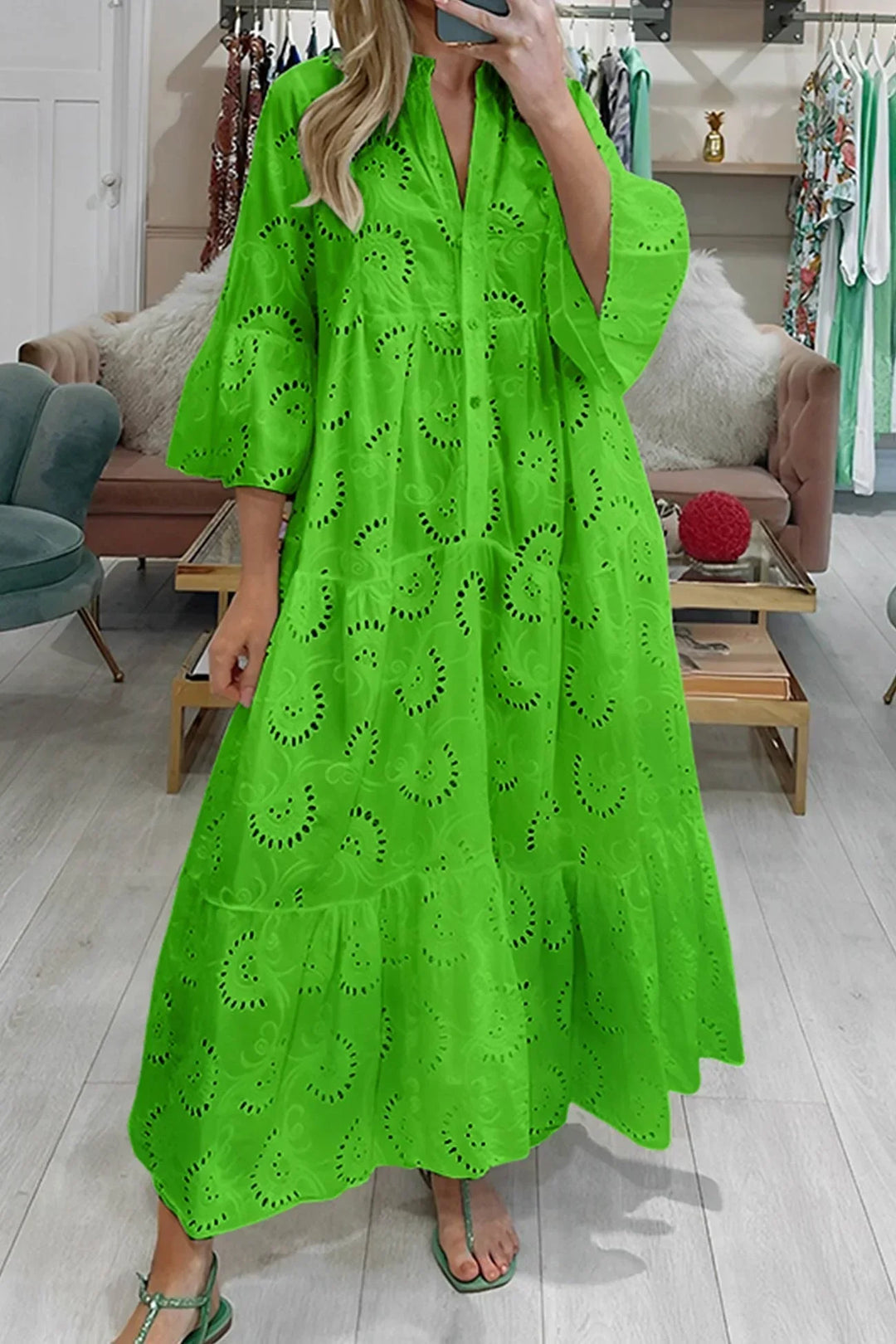 Robe Longue Femme Ajourée à Manches 3/4 Évasées et Décolleté en V