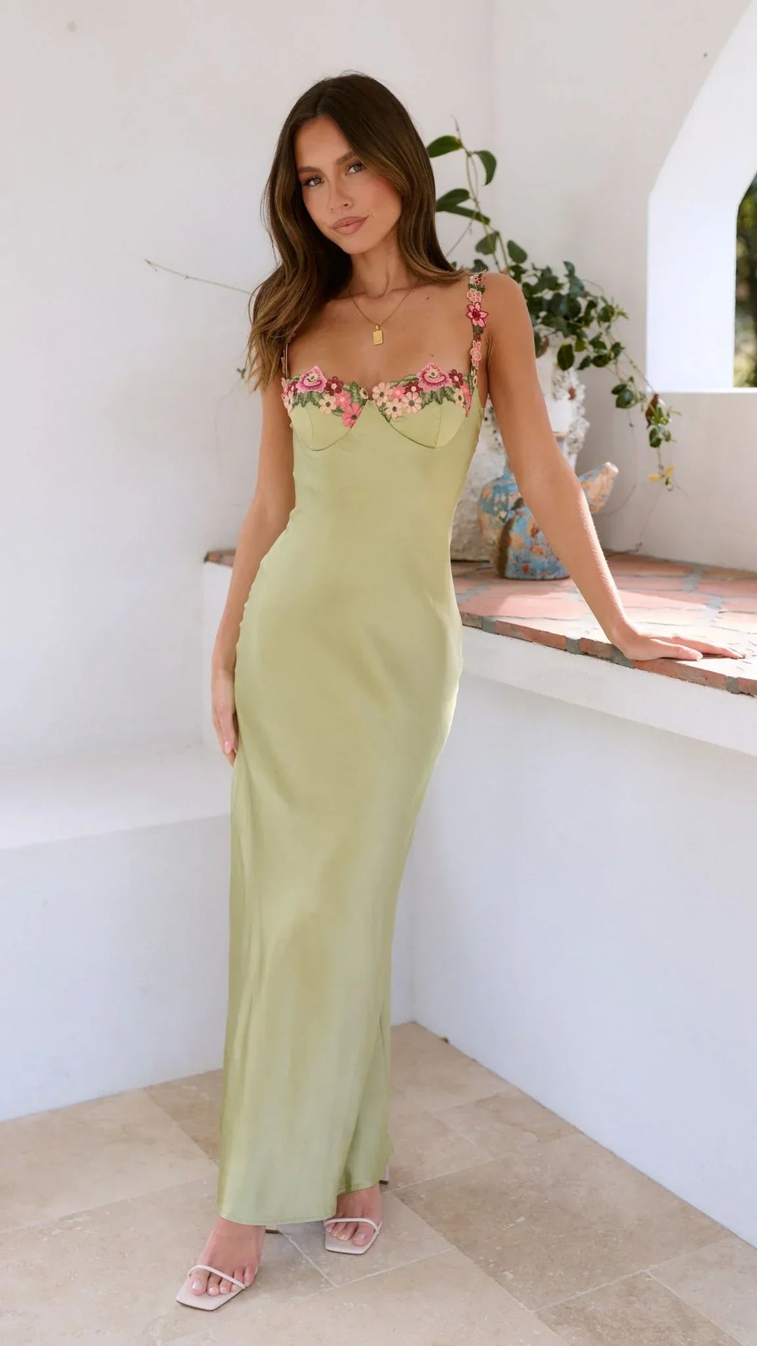 Robe Longue Femme Vert Clair à Bretelles et Imprimé Floral