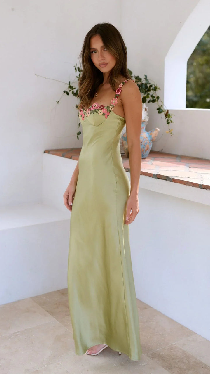 Robe Longue Femme Vert Clair à Bretelles et Imprimé Floral