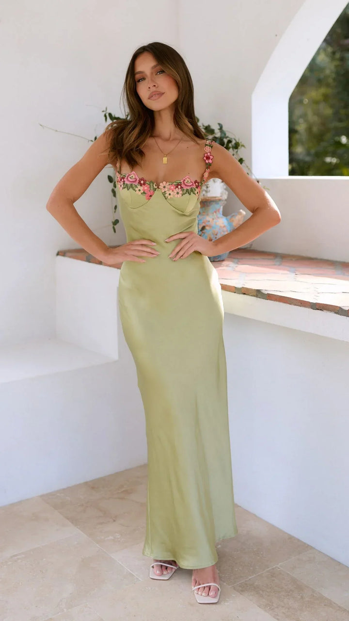 Robe Longue Femme Vert Clair à Bretelles et Imprimé Floral