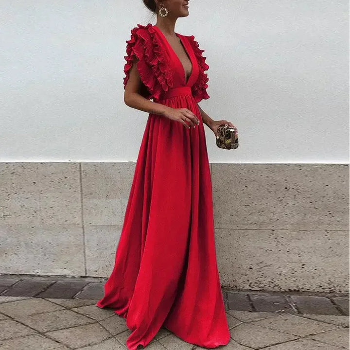 Abito maxi fluido con maniche volantate da donna