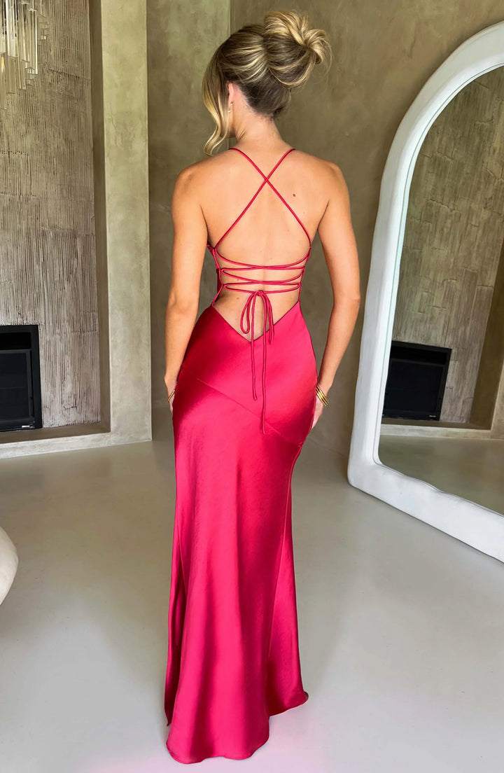 Robe Longue de Soirée Satinée à Col en V et Bretelles Fines avec Fente Latérale