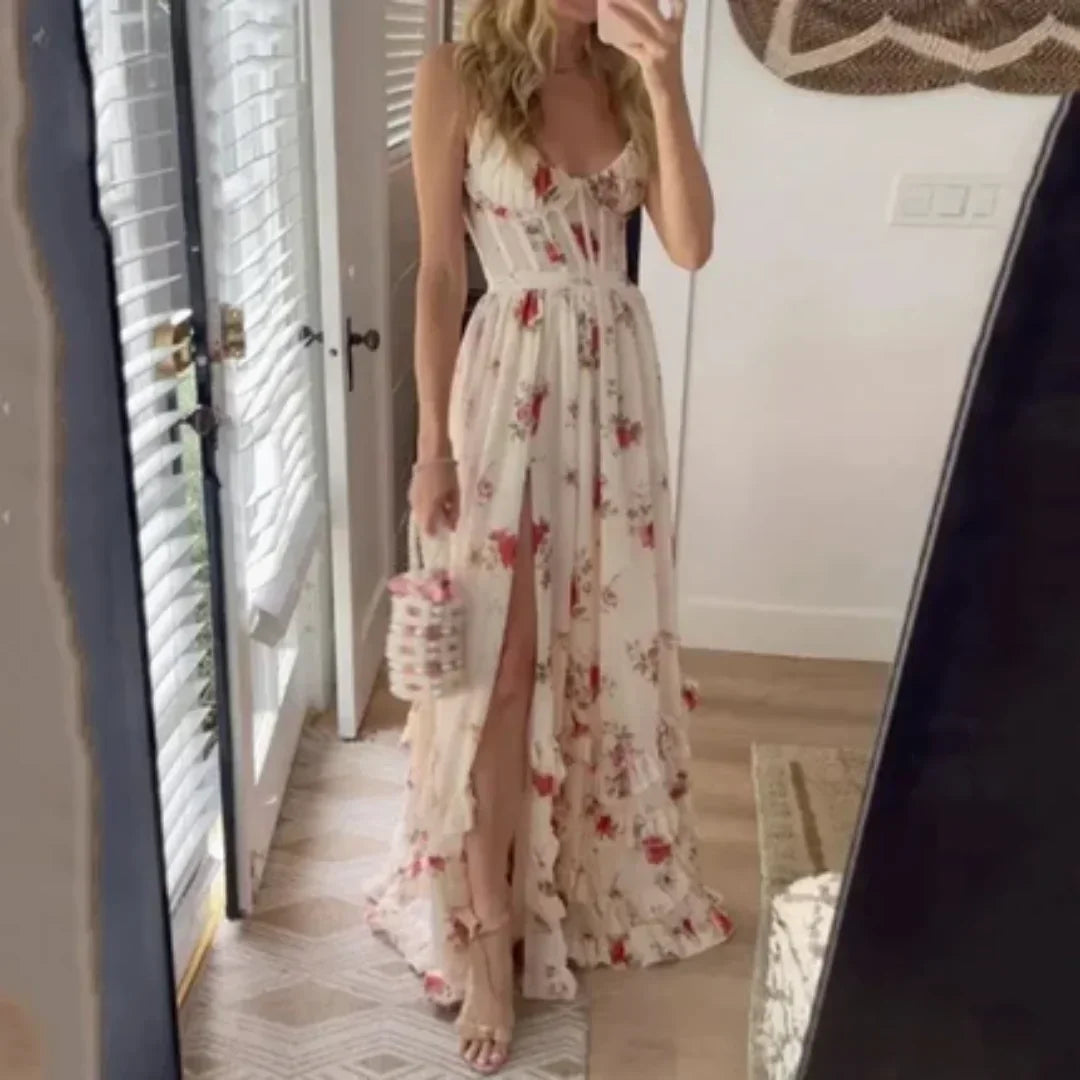 Robe longue fleurie femme avec fente
