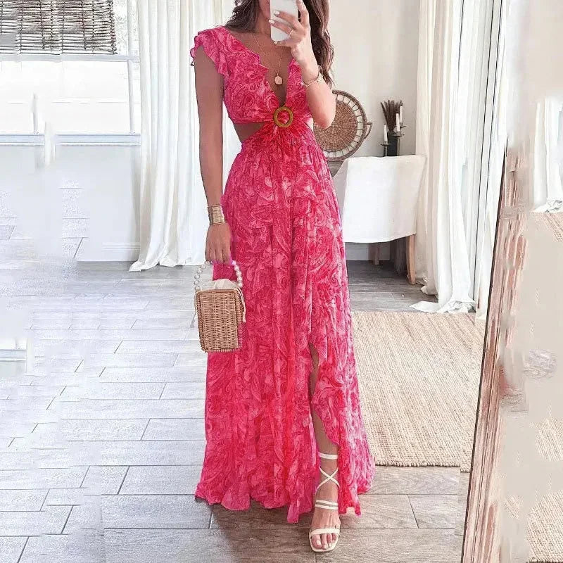Robe Longue Femme Florale avec Découpés Élégants et Décolleté en V
