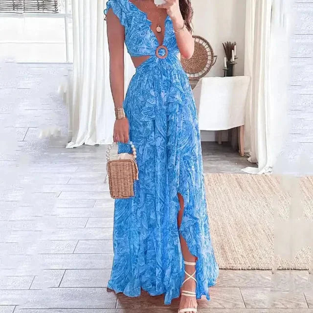 Robe Longue Femme Florale avec Découpés Élégants et Décolleté en V