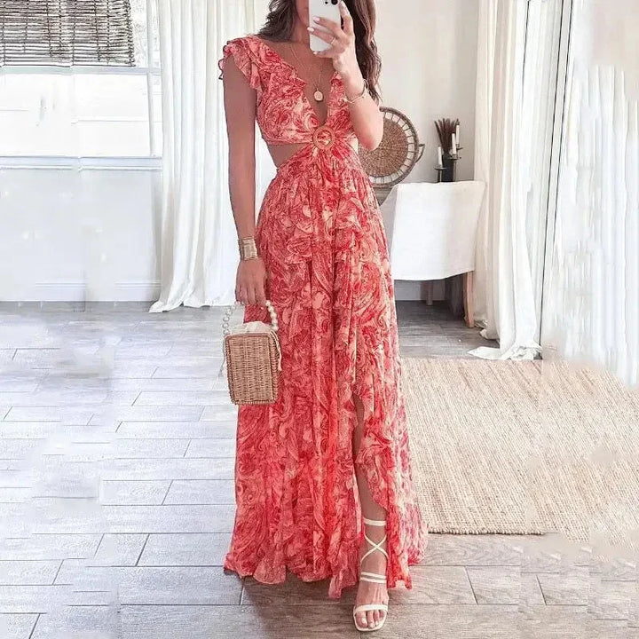 Robe Longue Femme Florale avec Découpés Élégants et Décolleté en V