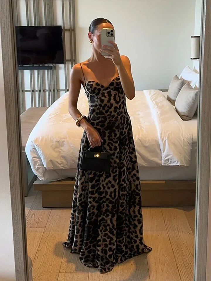 Abito lungo leopardato con spalline sottili da donna