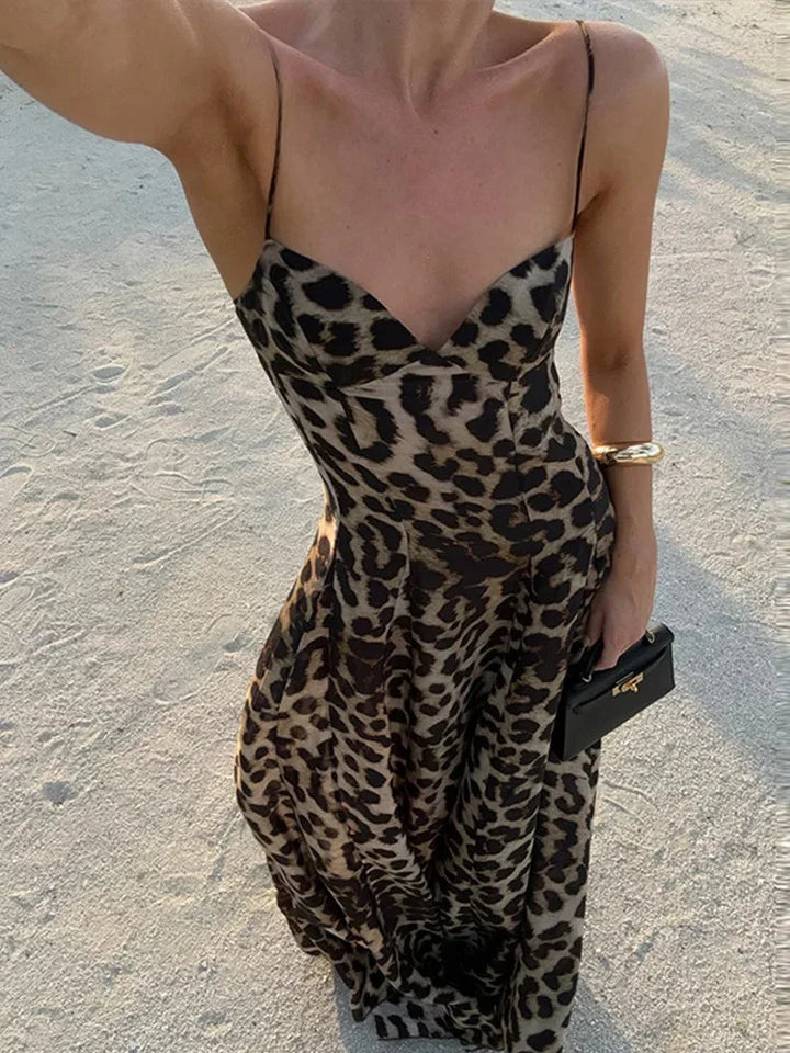 Abito lungo leopardato con spalline sottili da donna