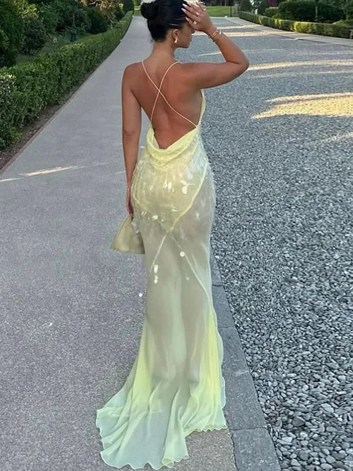 Robe longue sequins jaune femme dos croisé