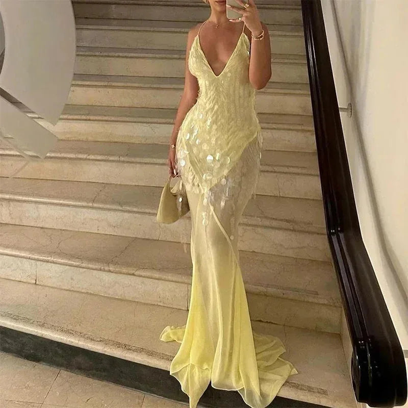Robe longue sequins jaune femme dos croisé