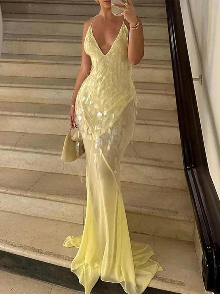 Robe longue sequins jaune femme dos croisé