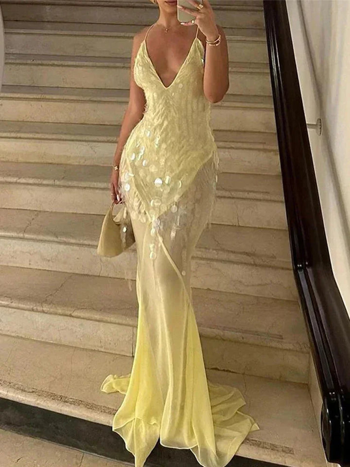 Robe longue sequins jaune femme dos croisé