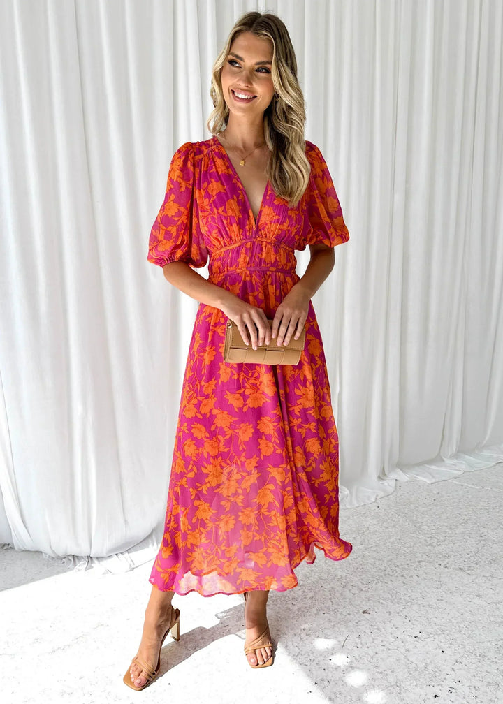Dámské květované midi šaty s výstřihem do V v boho elegantním stylu s krátkými rukávy