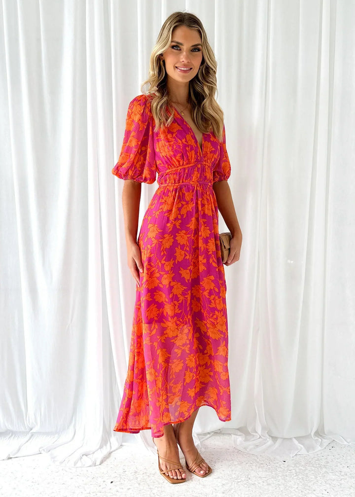 Dámské květované midi šaty s výstřihem do V v boho elegantním stylu s krátkými rukávy