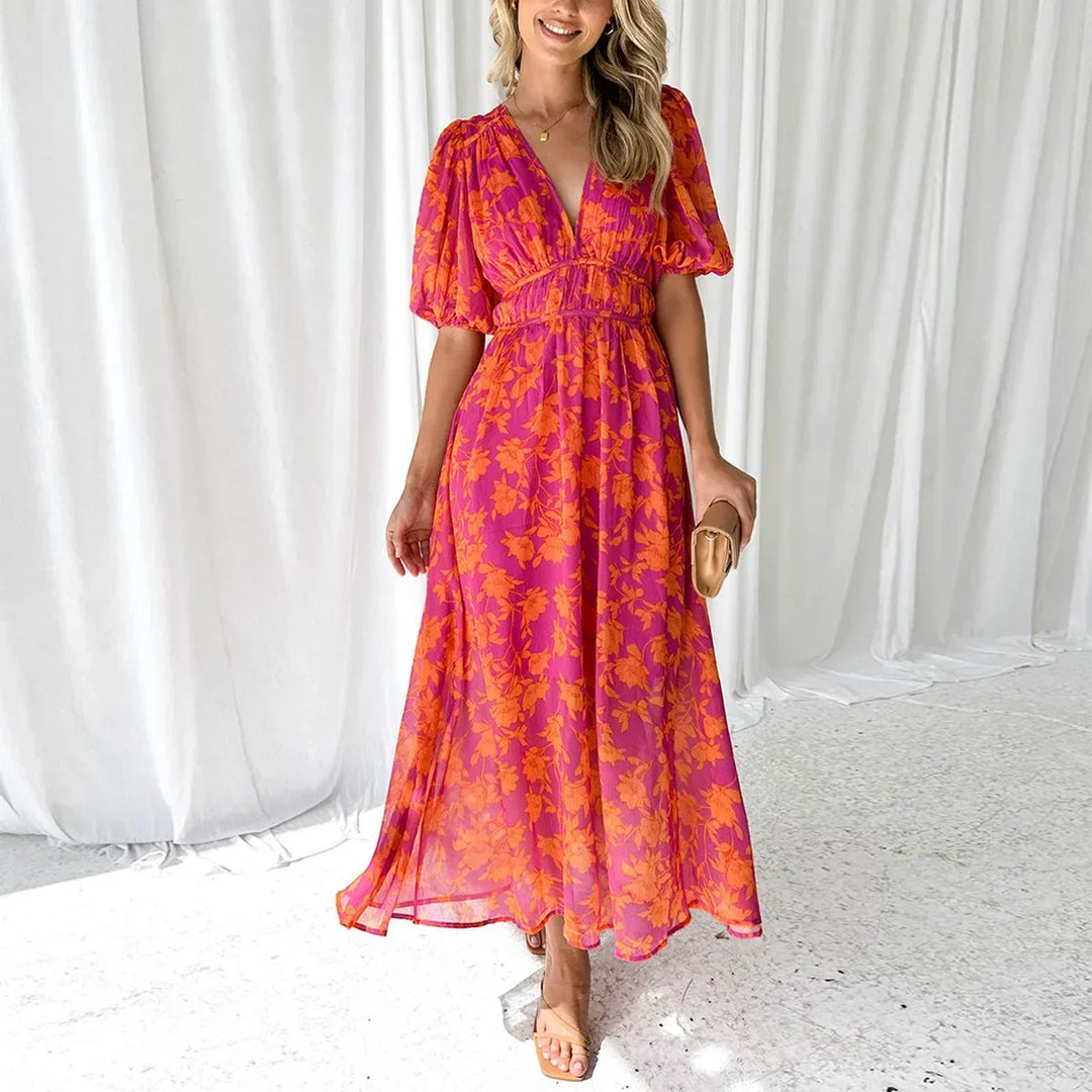 Dámské květované midi šaty s výstřihem do V v boho elegantním stylu s krátkými rukávy
