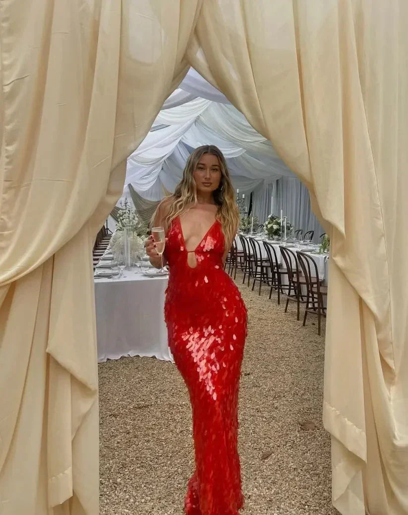 Abito lungo con paillettes da donna per serata
