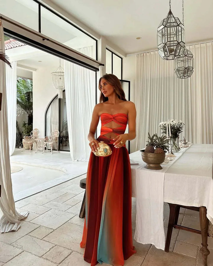 Robe Longue Femme Sans Bretelles Rouge et Orange à Motifs Blocs