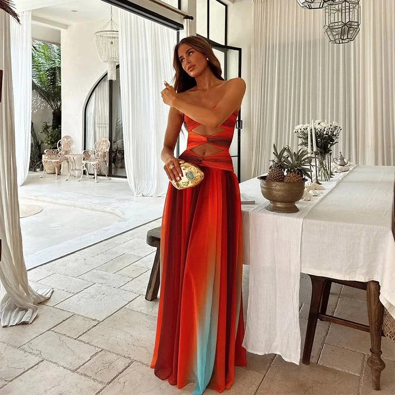 Robe Longue Femme Sans Bretelles Rouge et Orange à Motifs Blocs