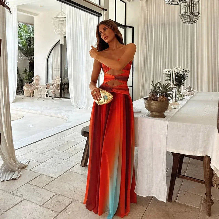 Robe Longue Femme Sans Bretelles Rouge et Orange à Motifs Blocs