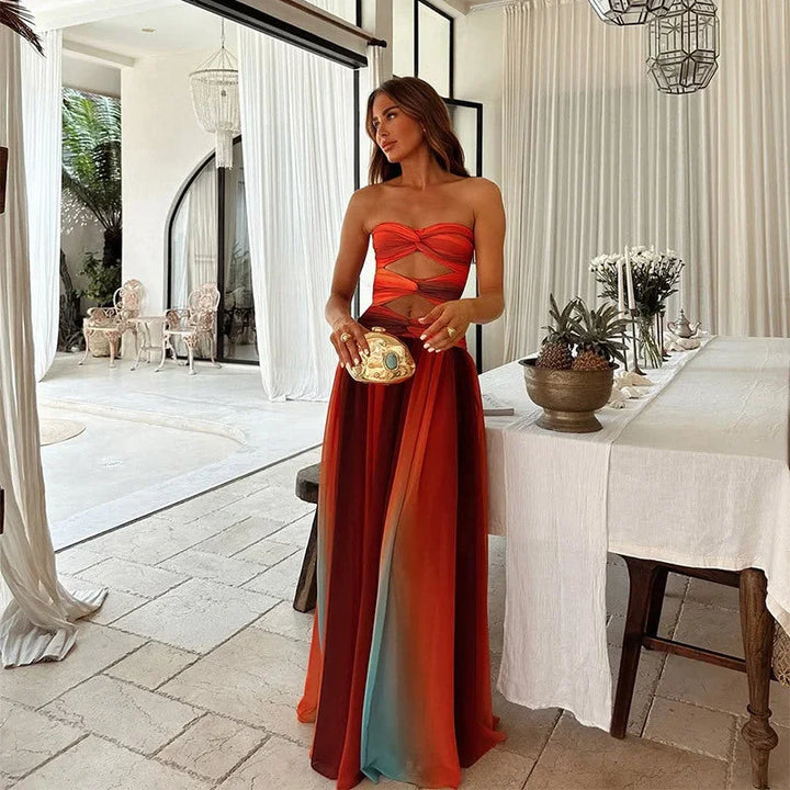 Robe Longue Femme Sans Bretelles Rouge et Orange à Motifs Blocs