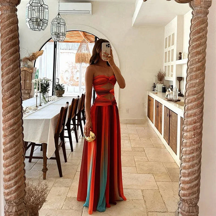 Robe Longue Femme Sans Bretelles Rouge et Orange à Motifs Blocs