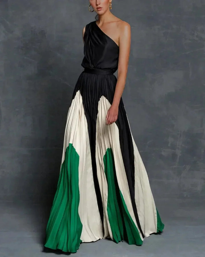 Robe Longue Femme à Une Épaule avec Motifs Élégants et Tissu Fluide
