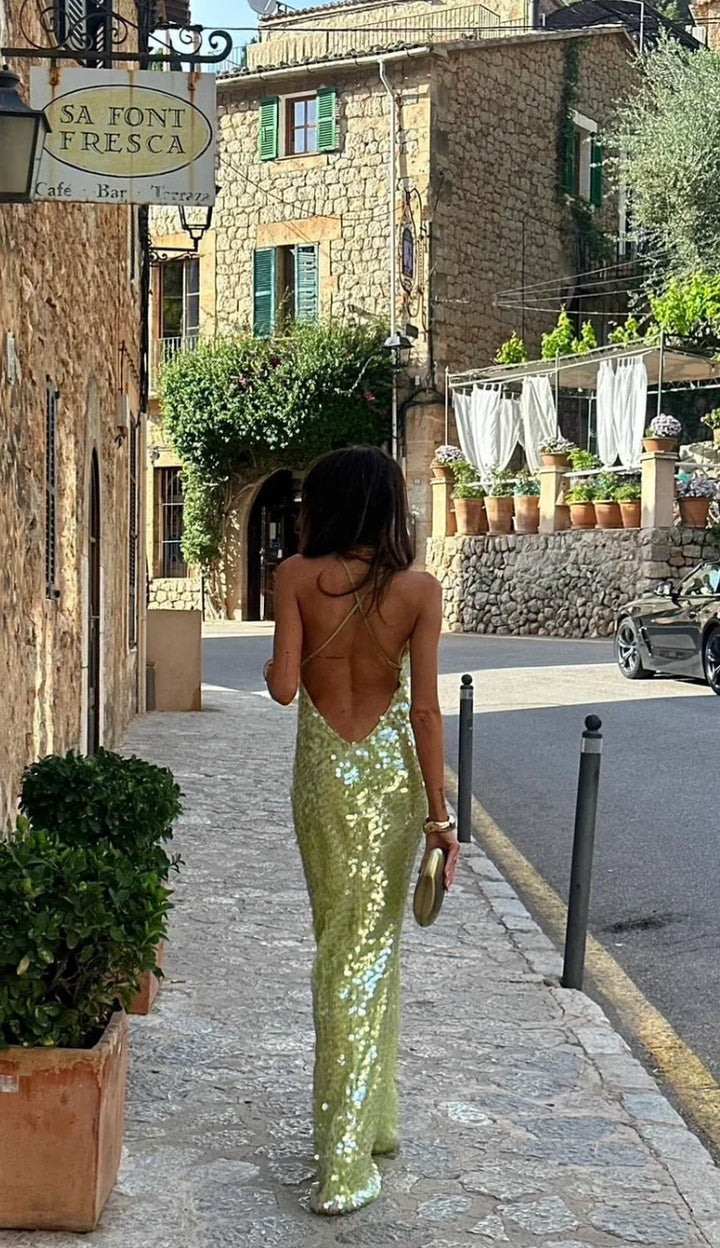 Robe Longue Femme à Sequins Verts avec Dos Nu et Bretelles Fines