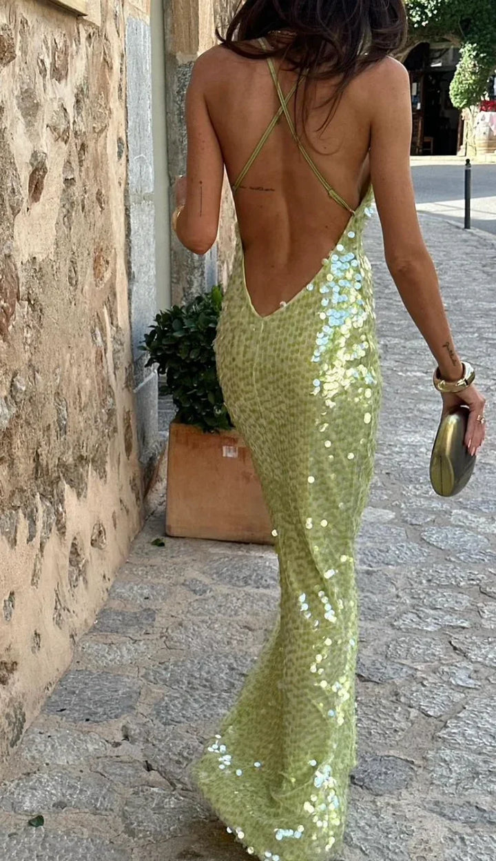 Robe Longue Femme à Sequins Verts avec Dos Nu et Bretelles Fines