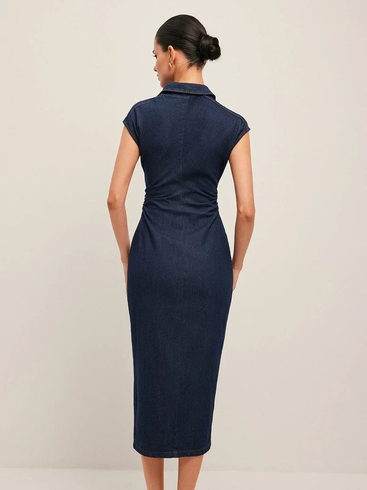 Dámské midi džínové šaty s knoflíky, moderní elegance
