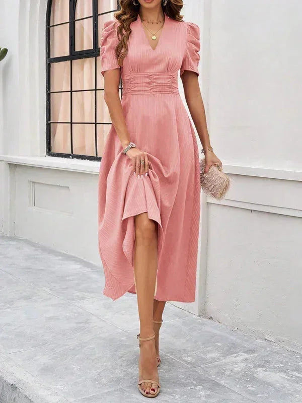 Elegantní midi šaty s výstřihem do V a nabíranými rukávy pro ženy
