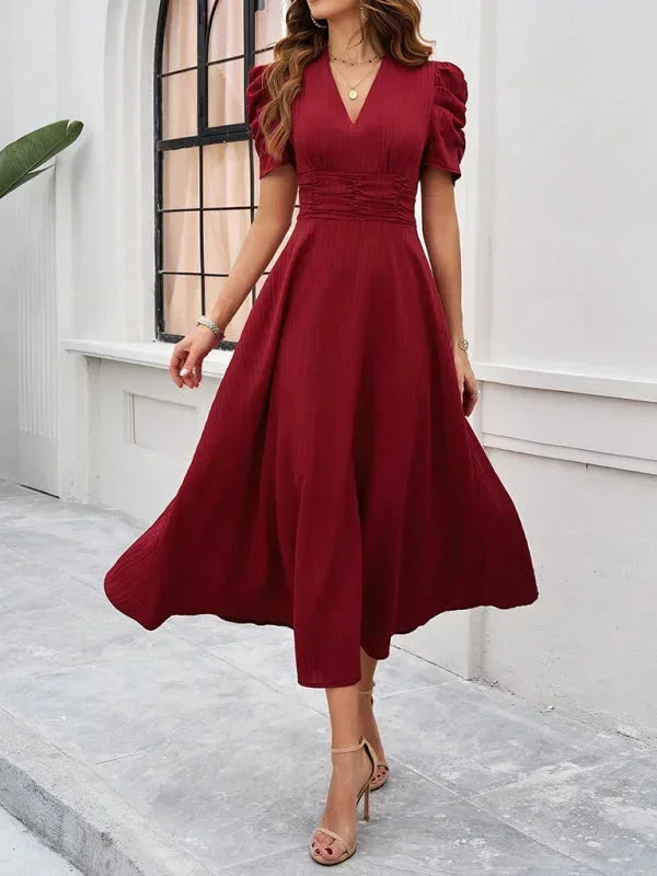 Elegantní midi šaty s výstřihem do V a nabíranými rukávy pro ženy