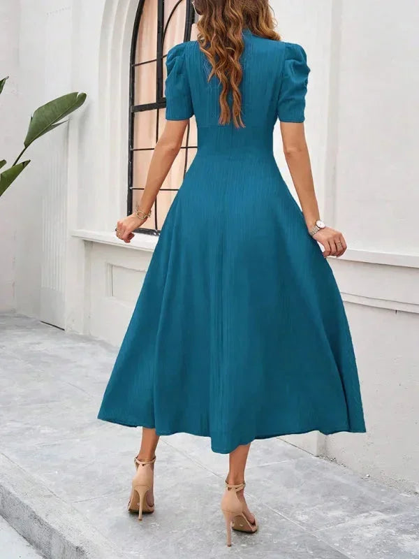 Elegantní midi šaty s výstřihem do V a nabíranými rukávy pro ženy