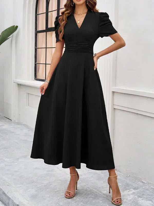 Elegantní midi šaty s výstřihem do V a nabíranými rukávy pro ženy