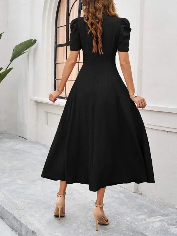 Elegantní midi šaty s výstřihem do V a nabíranými rukávy pro ženy