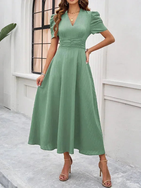 Elegantní midi šaty s výstřihem do V a nabíranými rukávy pro ženy