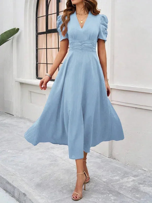 Elegantní midi šaty s výstřihem do V a nabíranými rukávy pro ženy