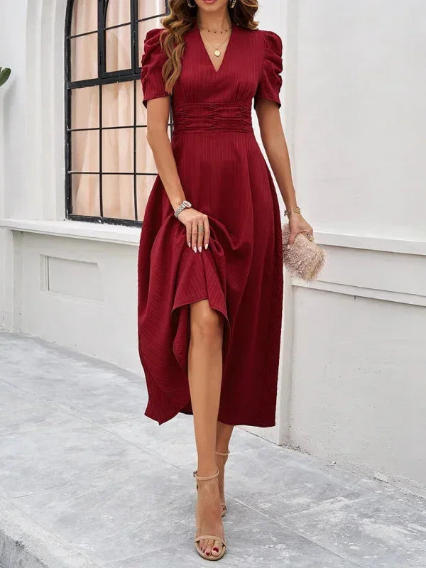Elegantní midi šaty s výstřihem do V a nabíranými rukávy pro ženy