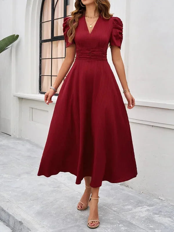 Elegantní midi šaty s výstřihem do V a nabíranými rukávy pro ženy