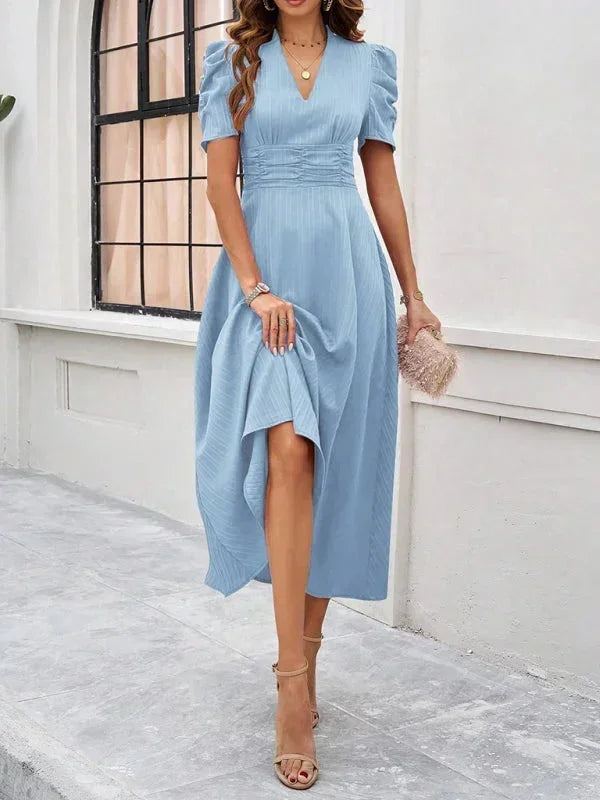 Elegantní midi šaty s výstřihem do V a nabíranými rukávy pro ženy