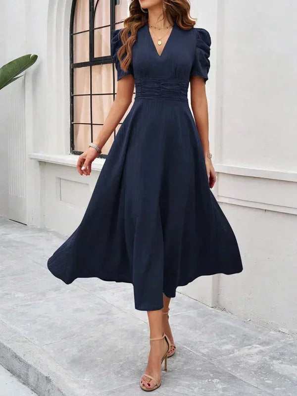 Elegantní midi šaty s výstřihem do V a nabíranými rukávy pro ženy