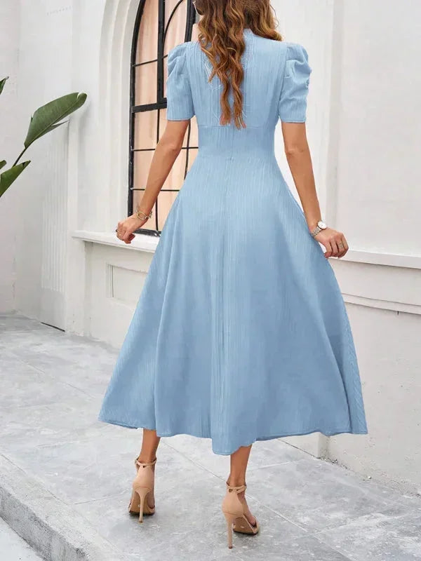 Elegantní midi šaty s výstřihem do V a nabíranými rukávy pro ženy