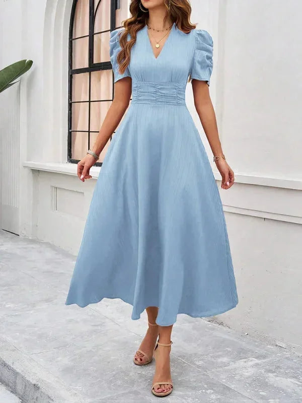 Elegantní midi šaty s výstřihem do V a nabíranými rukávy pro ženy