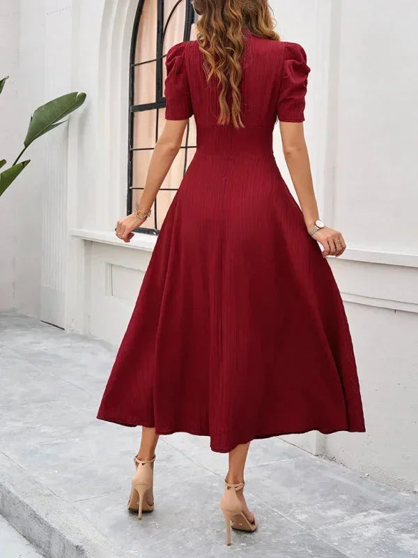 Elegantní midi šaty s výstřihem do V a nabíranými rukávy pro ženy