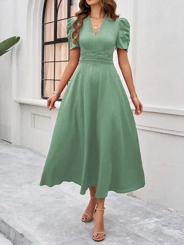 Elegantní midi šaty s výstřihem do V a nabíranými rukávy pro ženy