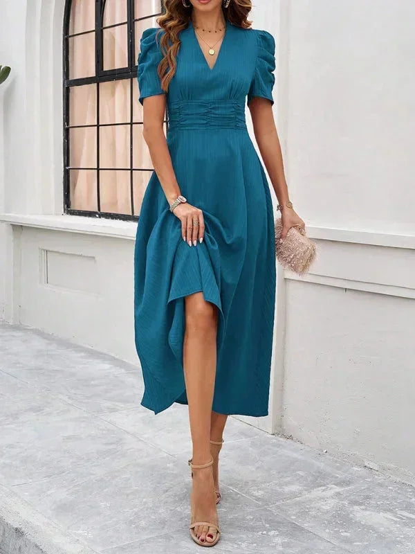 Elegantní midi šaty s výstřihem do V a nabíranými rukávy pro ženy