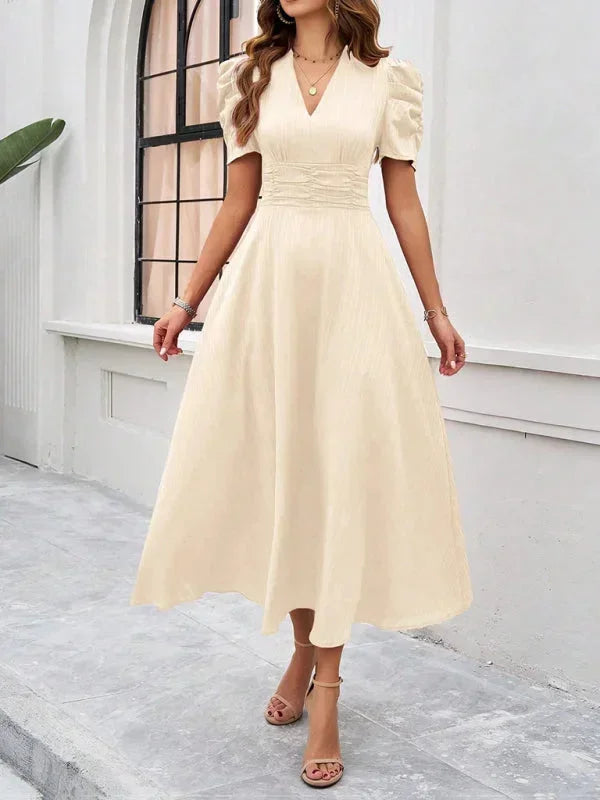Elegantní midi šaty s výstřihem do V a nabíranými rukávy pro ženy